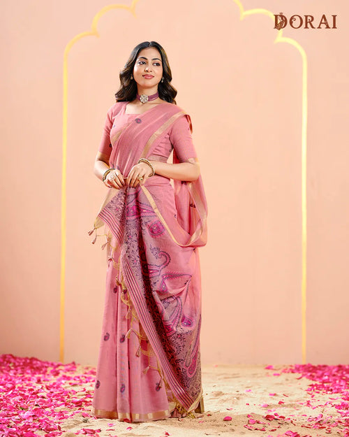 Rose Grace – Pink Muga Cotton Saree with Mango Motifs