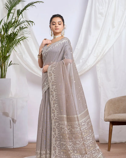 Silver Mist – Gray Muga Cotton Saree with Contemporary Weave