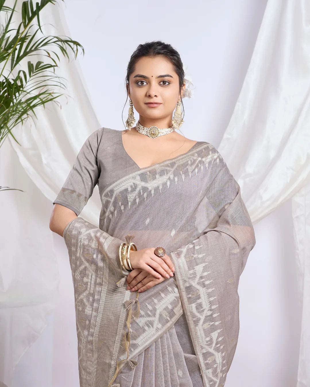 Silver Mist – Gray Muga Cotton Saree with Contemporary Weave