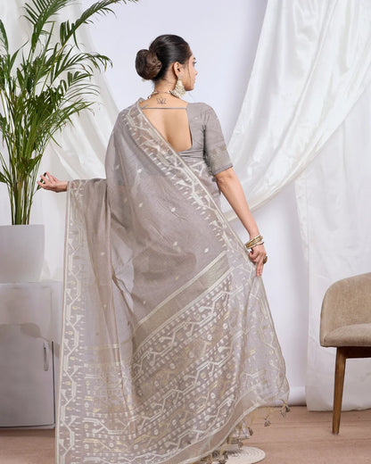 Silver Mist – Gray Muga Cotton Saree with Contemporary Weave