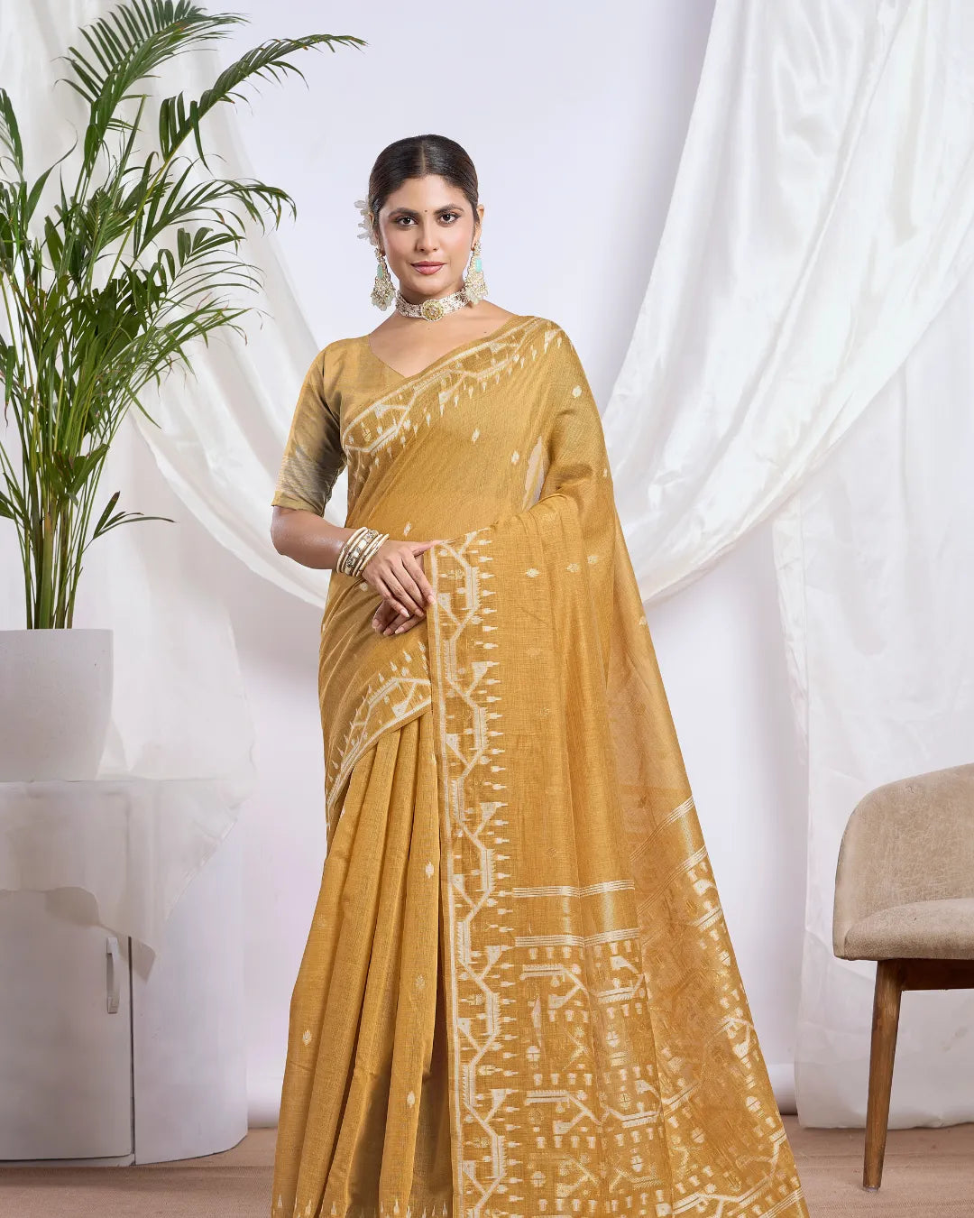 Slate Elegance – Dusty Blue Muga Cotton Saree with Tribal Weave