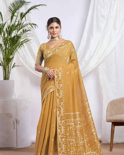 Slate Elegance – Dusty Blue Muga Cotton Saree with Tribal Weave