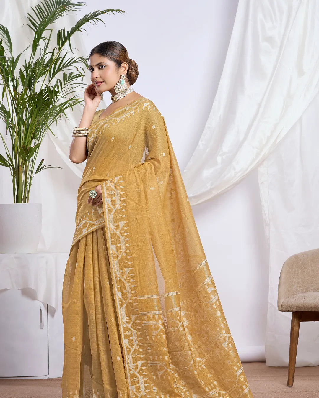 Golden Ochre – Mustard Yellow Muga Cotton Saree with Tribal Art
