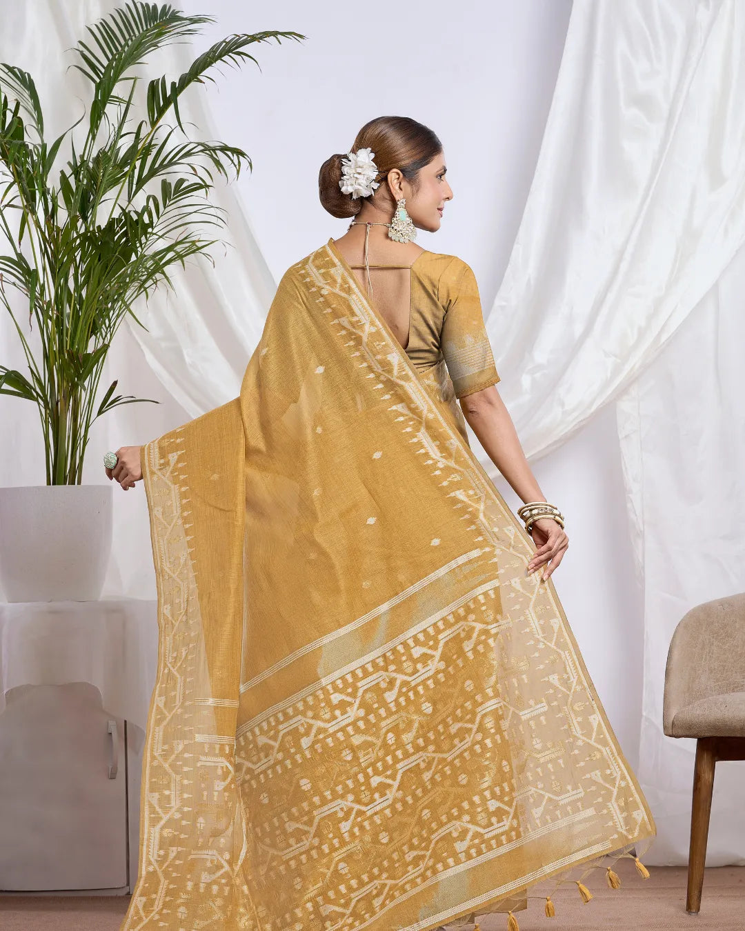 Golden Ochre – Mustard Yellow Muga Cotton Saree with Tribal Art