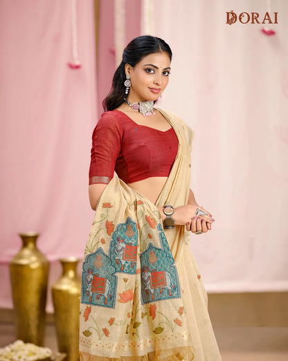 Golden Earth – Chikoo Muga Cotton Saree with Traditional Weave