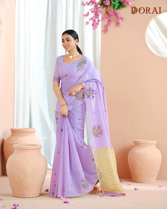 Lavender Muga-Cotton Jamdani Saree with Woven Floral Motifs and Oragana Pallu