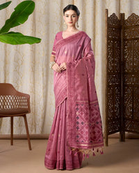 Onion Pink Jamdani Tassar Silk Saree with Resham Border