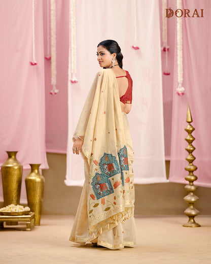 Natural Beige Rangkat Muga-Cotton  Saree | Traditional Ethnic Motifs