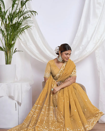 Golden Ochre – Mustard Yellow Muga Cotton Saree with Tribal Art