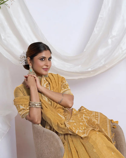 Golden Ochre – Mustard Yellow Muga Cotton Saree with Tribal Art