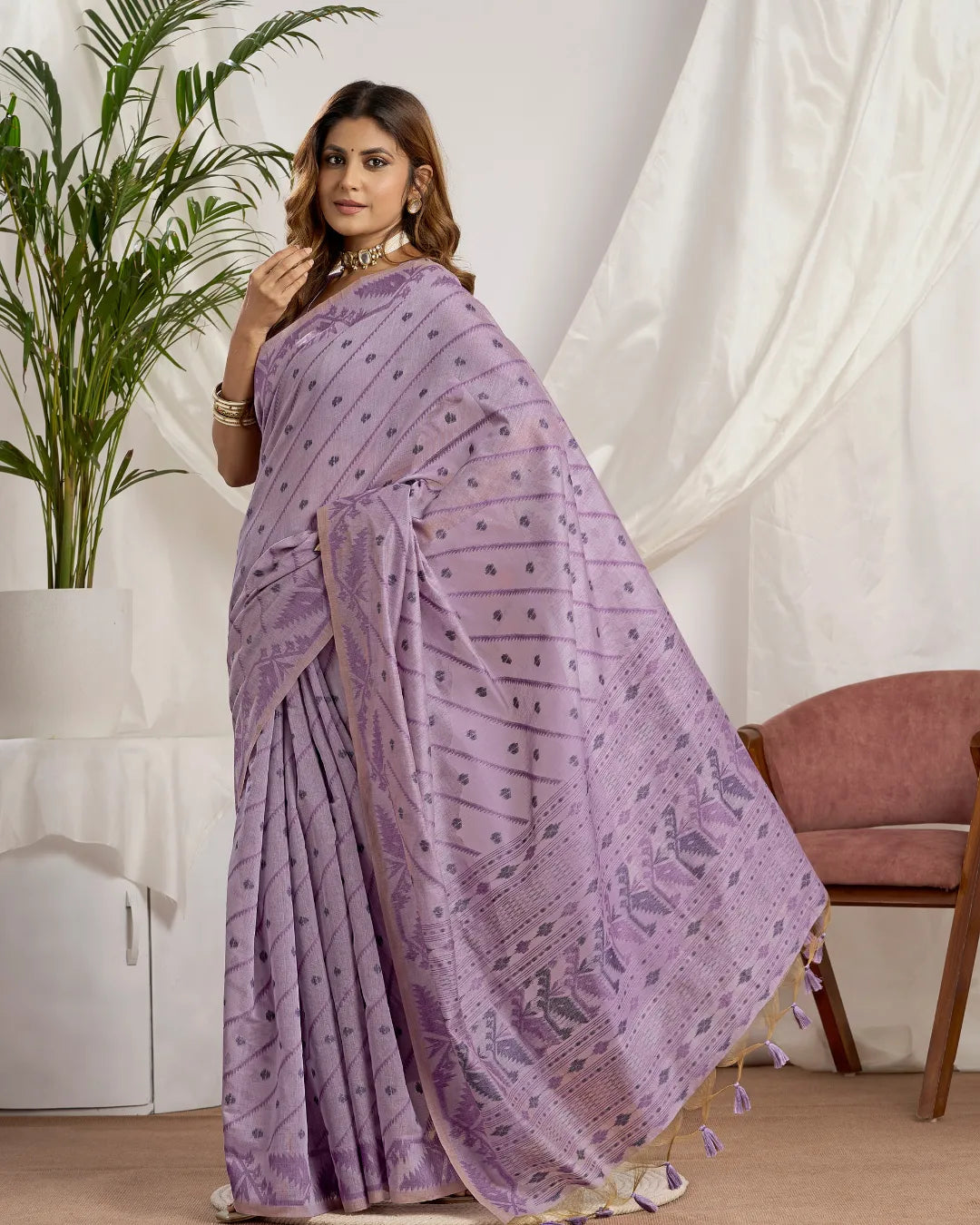 Lilac Haze – Light Violet Muga Cotton Saree with Ethnic Charm