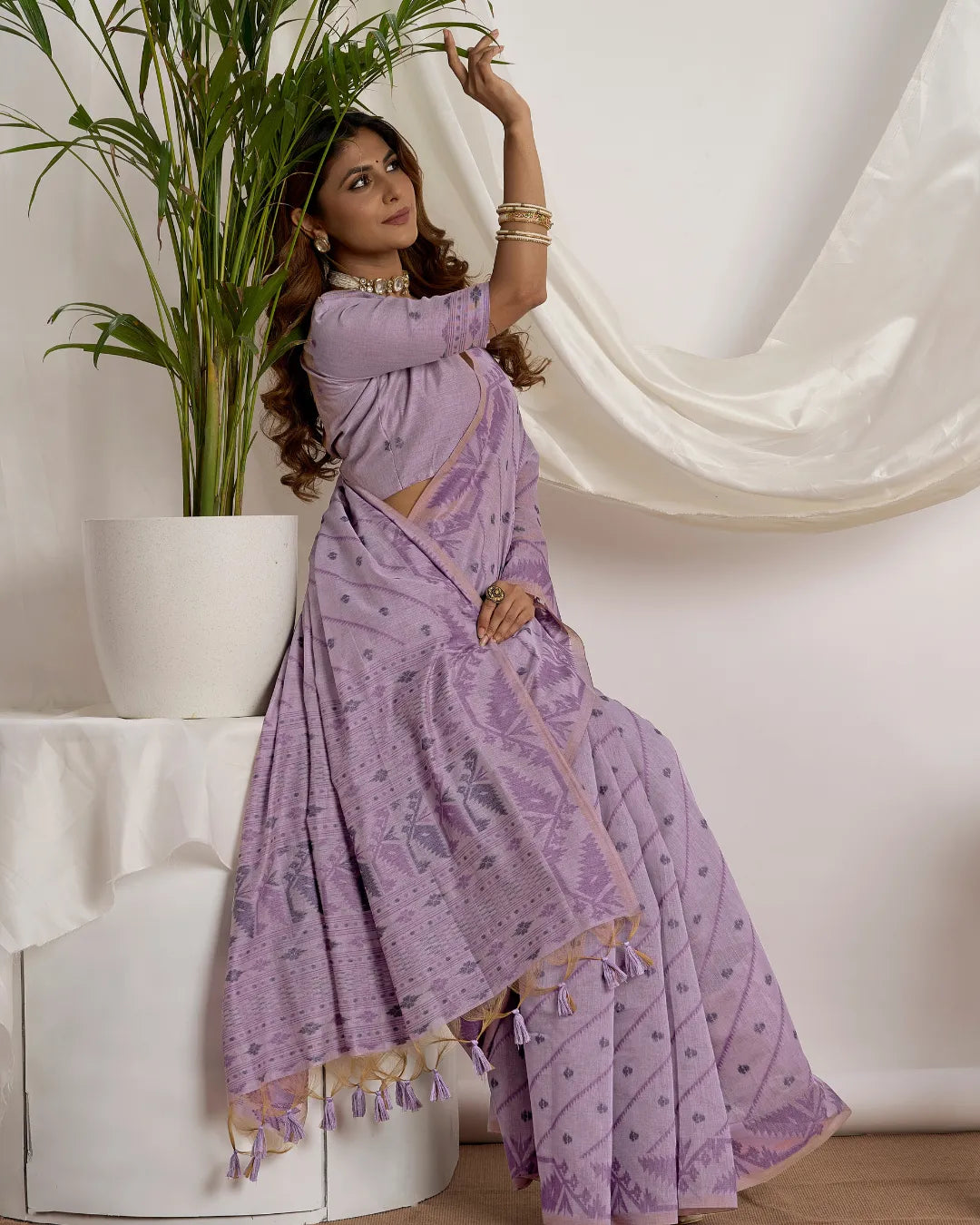 Lilac Haze – Light Violet Muga Cotton Saree with Ethnic Charm