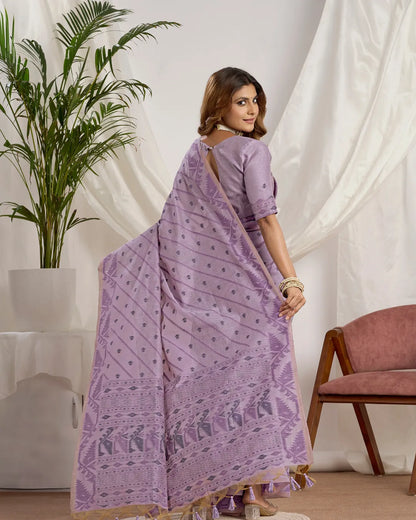 Lilac Haze – Light Violet Muga Cotton Saree with Ethnic Charm