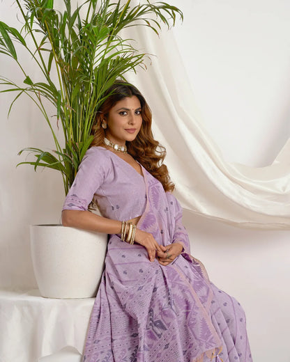 Lilac Haze – Light Violet Muga Cotton Saree with Ethnic Charm