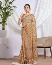 Golden Earth – Mustard Yellow Muga Cotton Saree with Rustic Art
