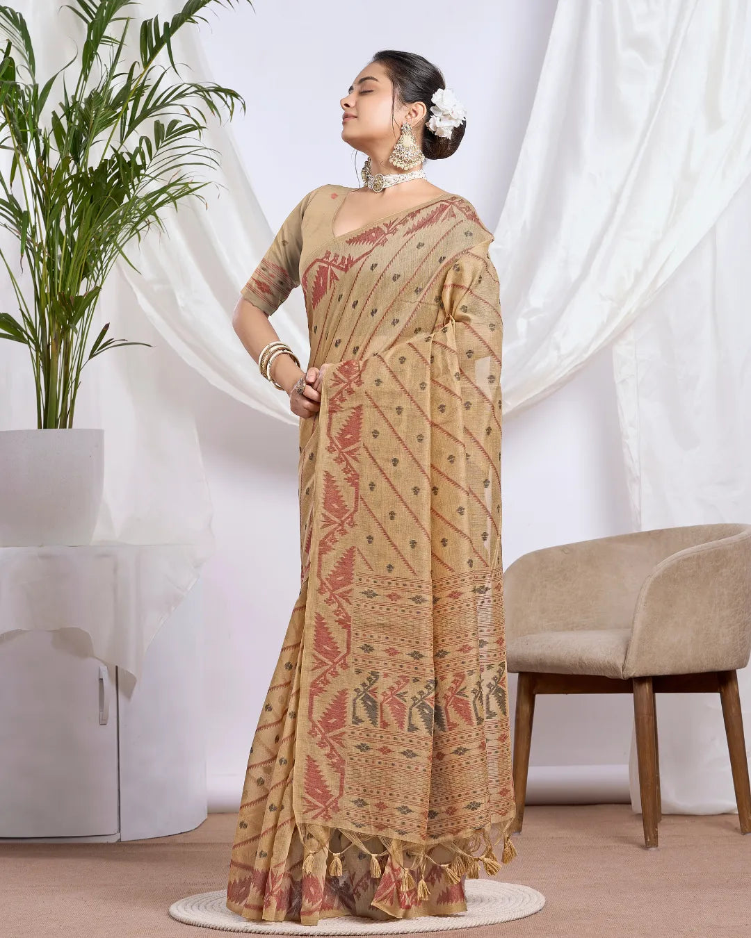 Golden Earth – Mustard Yellow Muga Cotton Saree with Rustic Art