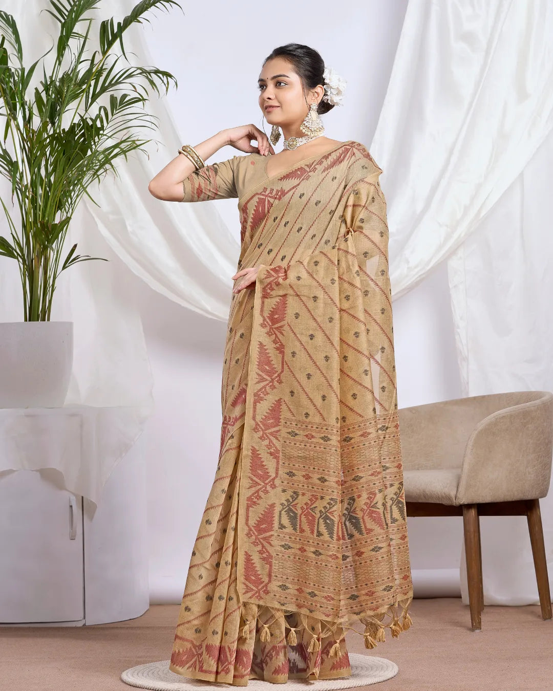 Golden Earth – Mustard Yellow Muga Cotton Saree with Rustic Art