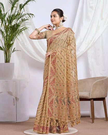 Golden Earth – Mustard Yellow Muga Cotton Saree with Rustic Art