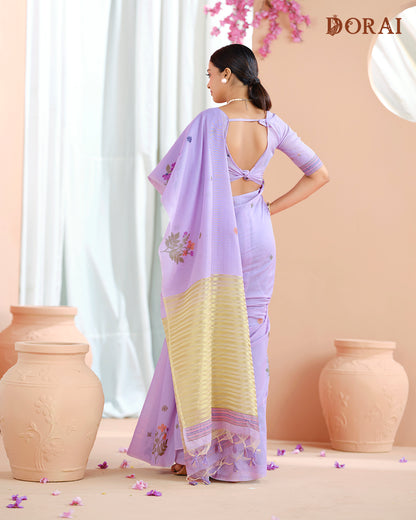 Lavender Muga-Cotton Jamdani Saree with Woven Floral Motifs and Oragana Pallu