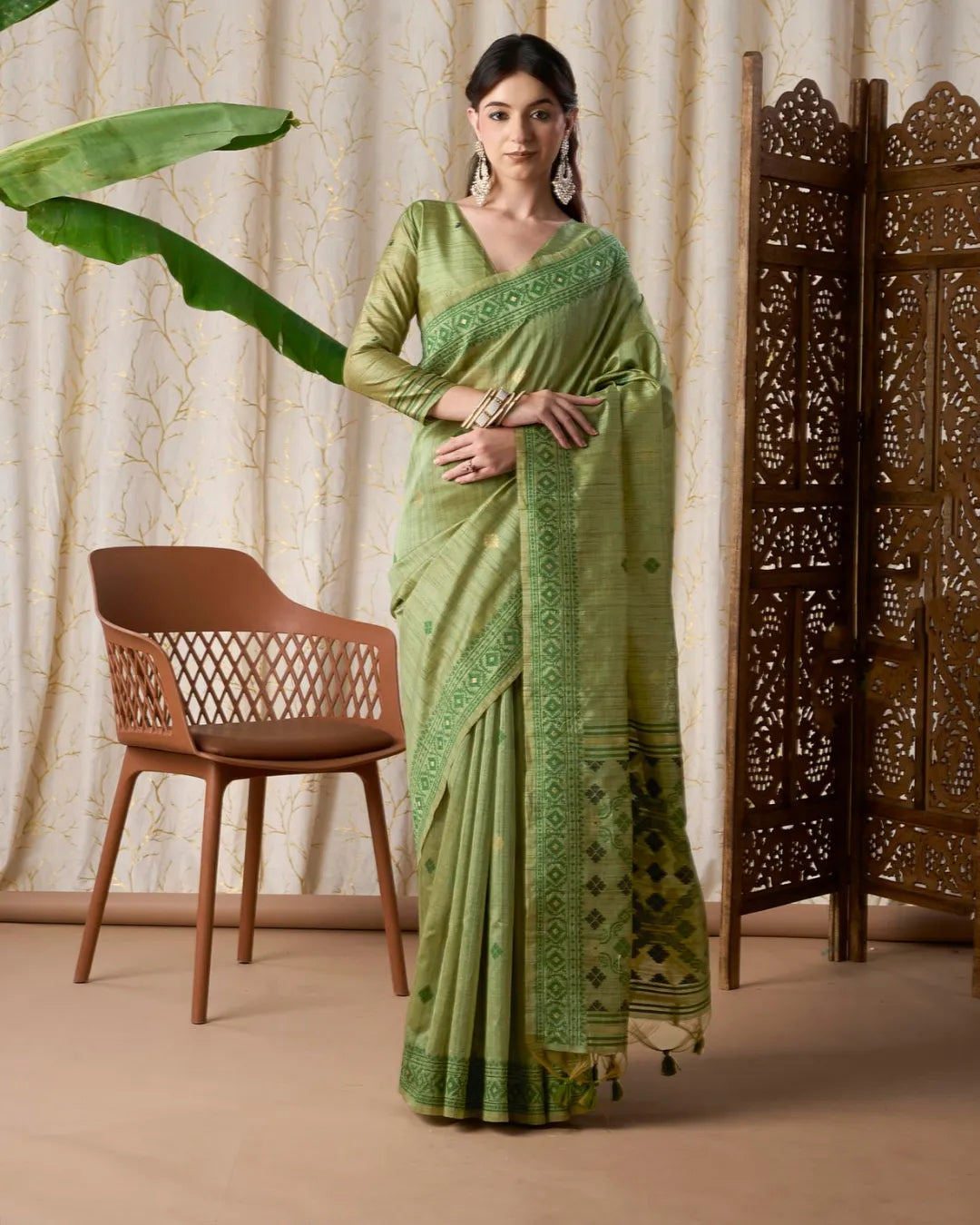 Dark Pista Tassar Silk Saree with Jamdani Resham Border