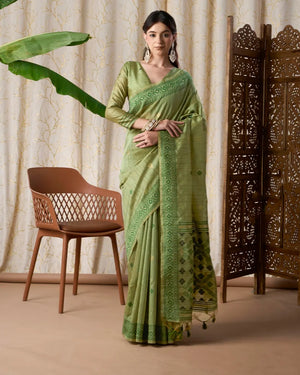 Dark Pista Tassar Silk Saree with Jamdani Resham Border