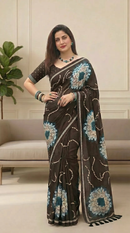 Black Floral Muga Cotton Saree with Fancy Zari Border