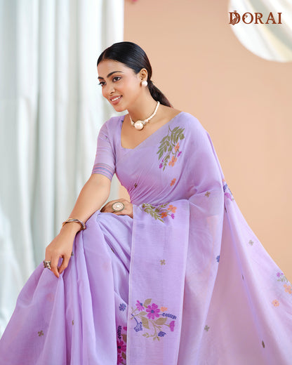 Lavender Muga-Cotton Jamdani Saree with Woven Floral Motifs and Oragana Pallu
