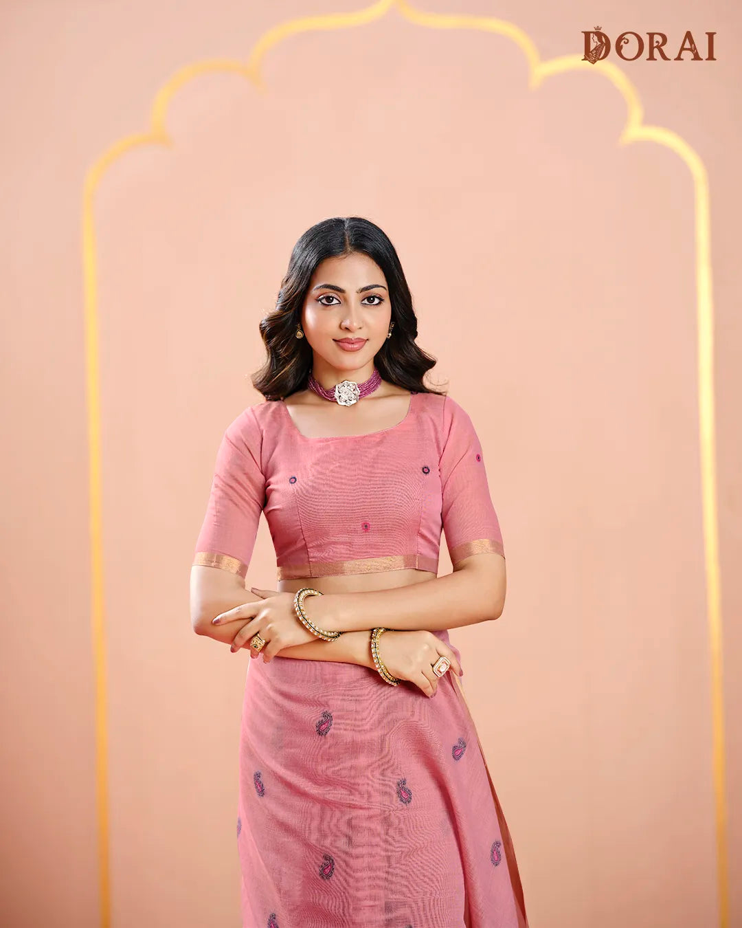 Rose Grace – Pink Muga Cotton Saree with Mango Motifs
