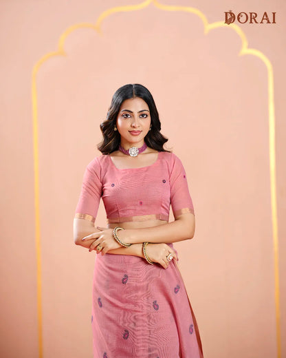 Rose Grace – Pink Muga Cotton Saree with Mango Motifs