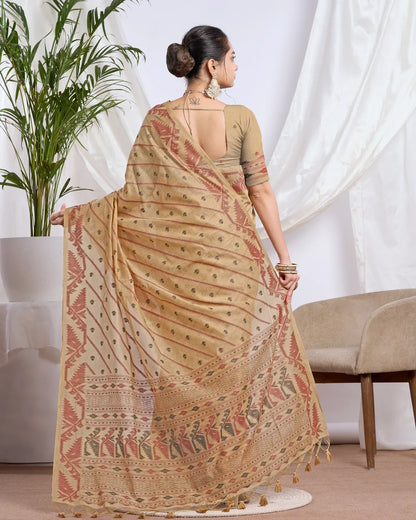 Golden Earth – Mustard Yellow Muga Cotton Saree with Rustic Art