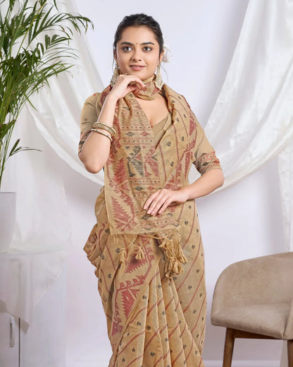 Golden Earth – Mustard Yellow Muga Cotton Saree with Rustic Art
