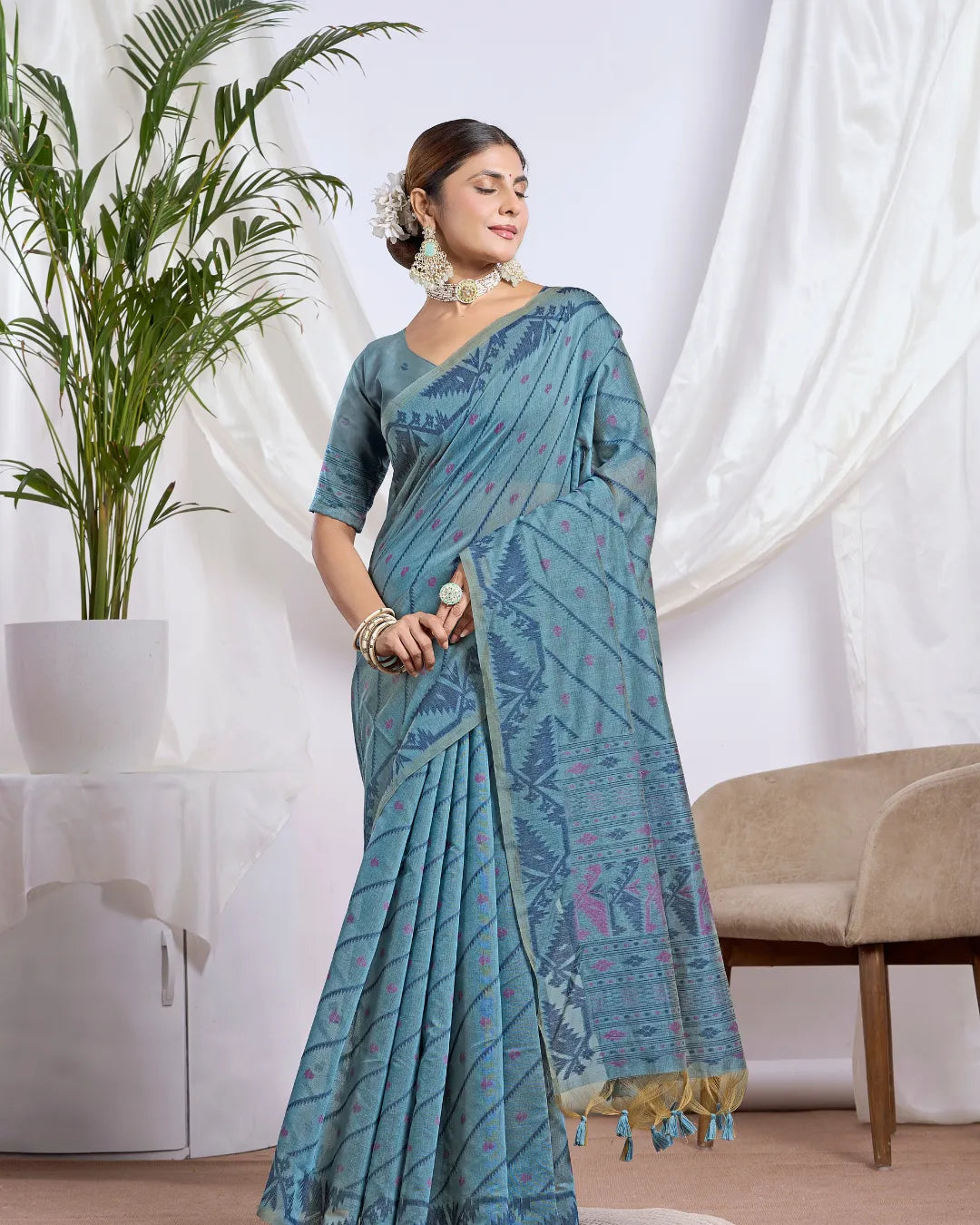 Slate Whisper – Light Blue Muga Cotton Saree with Heritage Art