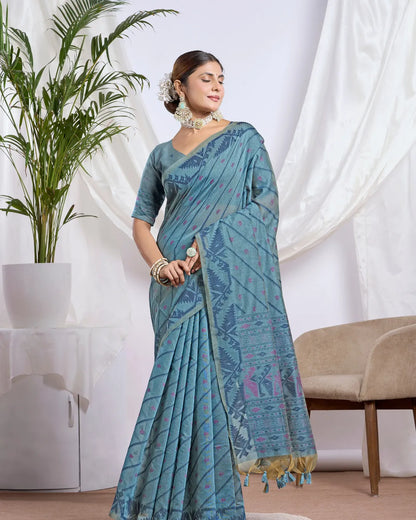 Slate Whisper – Light Blue Muga Cotton Saree with Heritage Art