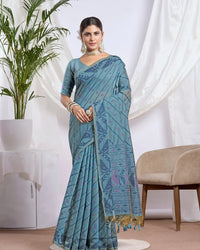Slate Whisper – Light Blue Muga Cotton Saree with Heritage Art