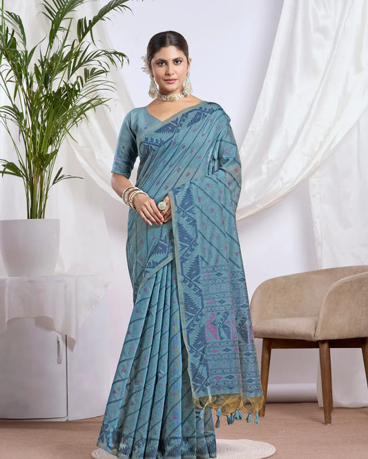 Slate Whisper – Light Blue Muga Cotton Saree with Heritage Art