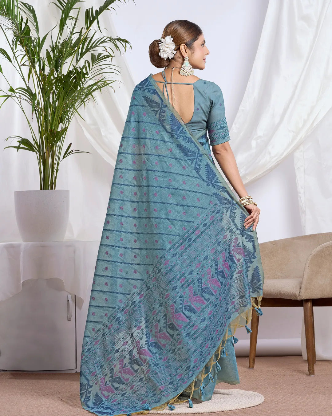 Slate Whisper – Light Blue Muga Cotton Saree with Heritage Art