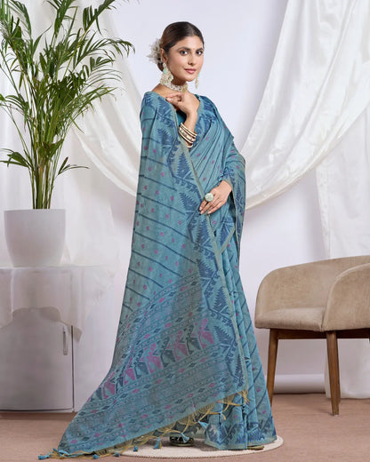 Slate Whisper – Light Blue Muga Cotton Saree with Heritage Art