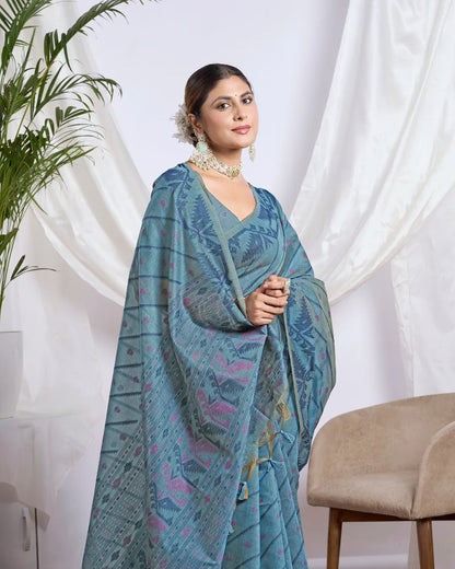 Slate Whisper – Light Blue Muga Cotton Saree with Heritage Art