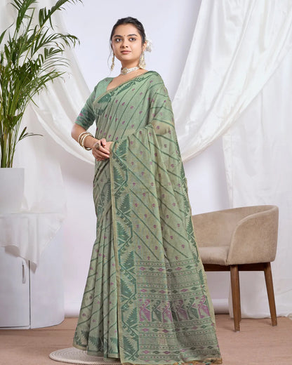 Slate Whisper – Light Blue Muga Cotton Saree with Heritage Art