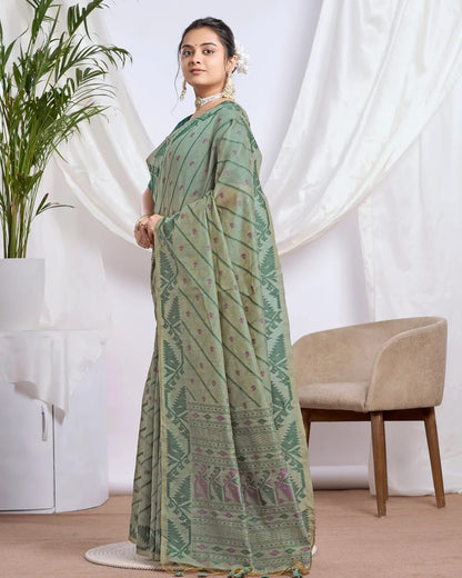 Olive Grace – Pista Green Muga Cotton Saree with Tribal Patterns