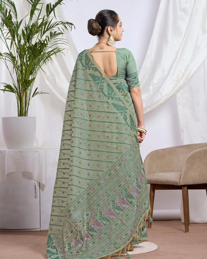 Olive Grace – Pista Green Muga Cotton Saree with Tribal Patterns