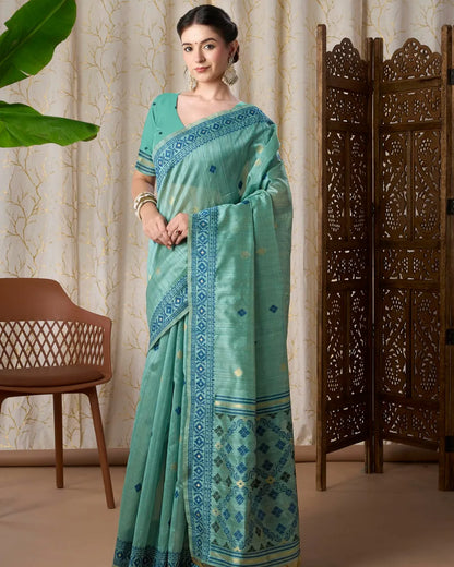 Azure Dreams – Sky Blue Tassar Silk Saree with Jamdani Elegance