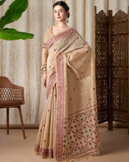 Ivory Heritage – Chikoo Tassar Silk Saree with Jamdani Grace