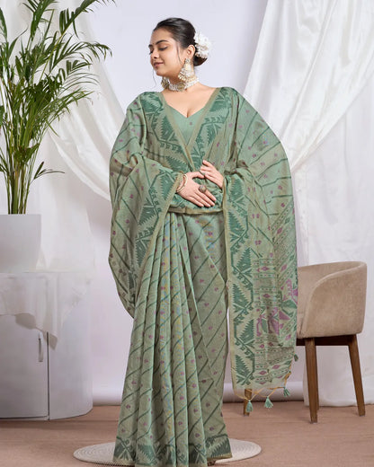 Olive Grace – Pista Green Muga Cotton Saree with Tribal Patterns