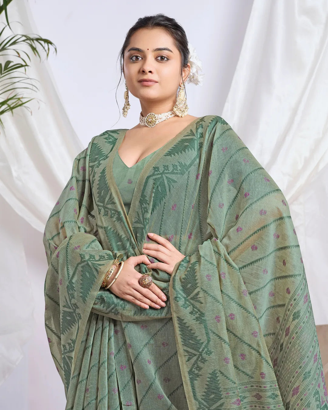 Olive Grace – Pista Green Muga Cotton Saree with Tribal Patterns