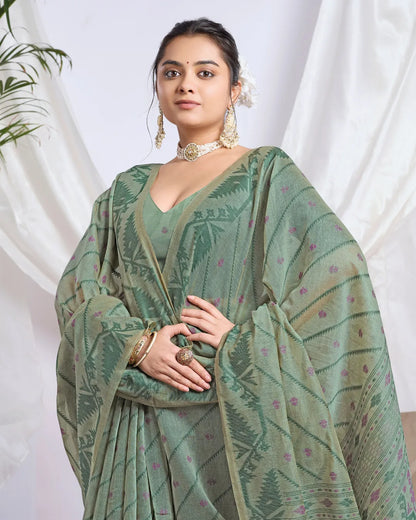 Olive Grace – Pista Green Muga Cotton Saree with Tribal Patterns