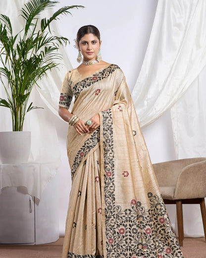 Sky Blue Tassar Silk Saree with Resham Border and Jamdani Weave