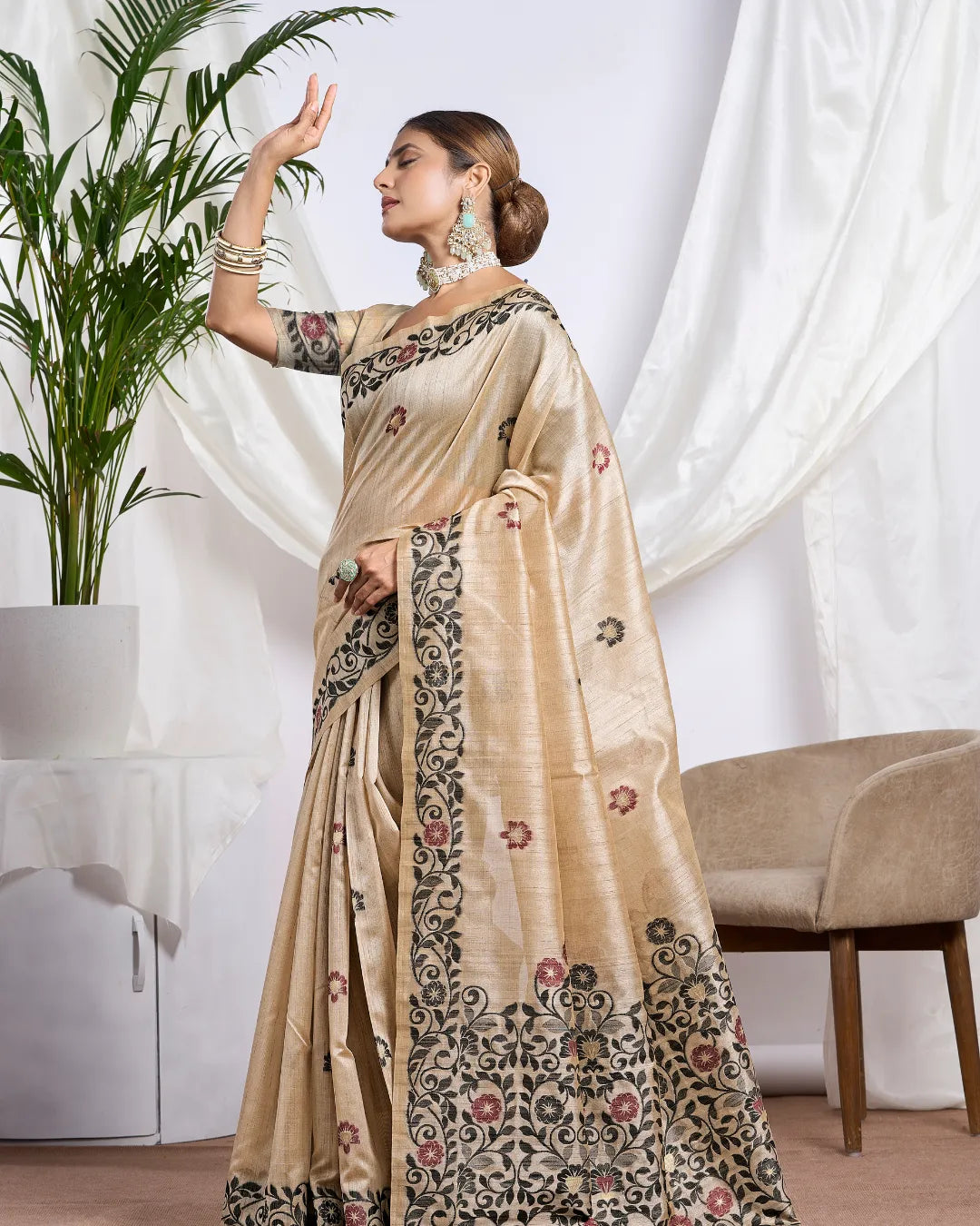 Chikoo Tassar Silk Saree with Resham Border and Jamdani Weave