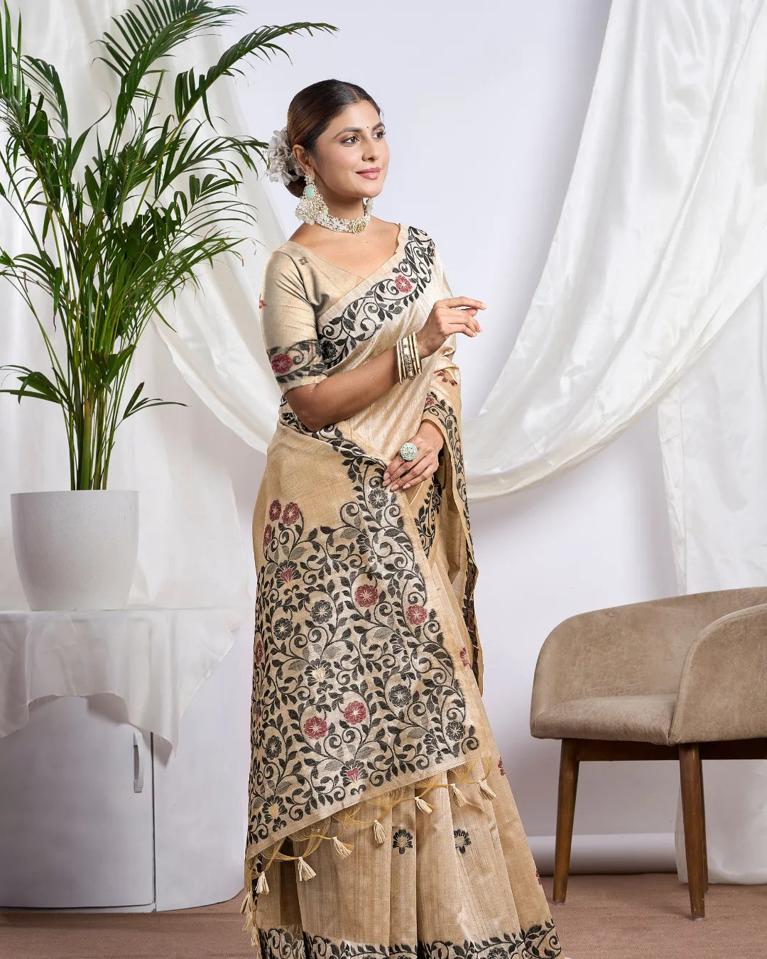 Chikoo Tassar Silk Saree with Resham Border and Jamdani Weave