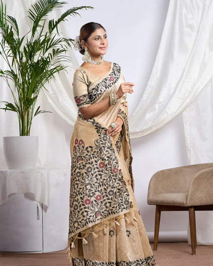 Chikoo Tassar Silk Saree with Resham Border and Jamdani Weave